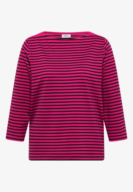 3/4-Arm Shirt mit Boat Neck und Streifen pink flash Damen-Shirt mit pinken und schwarzen Streifen und 3/4-Ärmeln.
