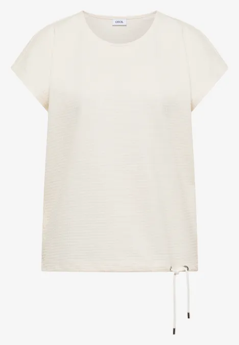 Cremefarbenes Kurzarmshirt mit Rundhals und seitlichem Kordelzug am Saum.