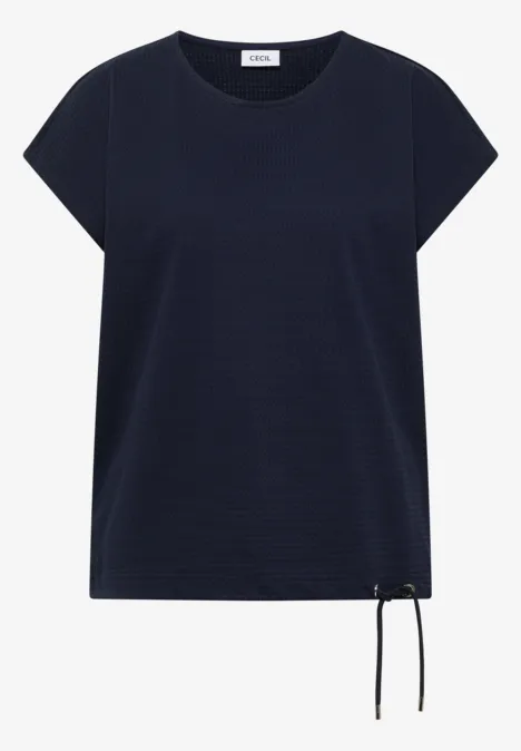 Dunkelblaues T-Shirt mit kurzen Ärmeln und seitlichem Tunnelzug am Saum.