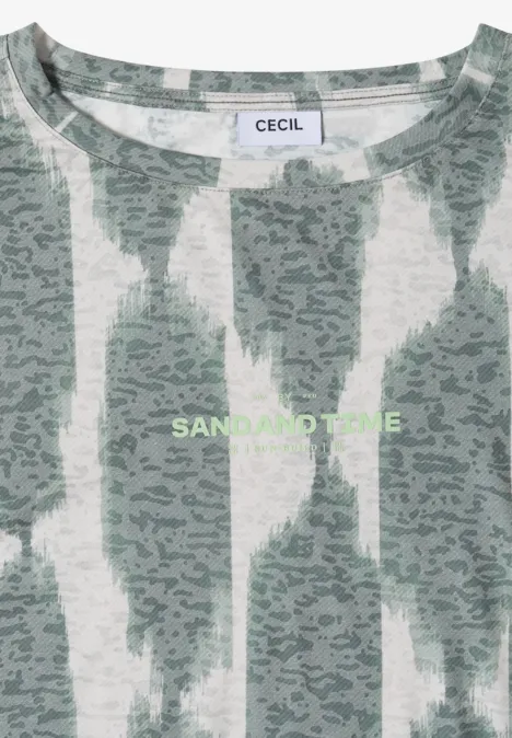 Shirt in uitgebleekte look met tekst deep matcha green Rondhalsshirt met zandgroene en witte strepen en een 'CECIL'-label in de hals.