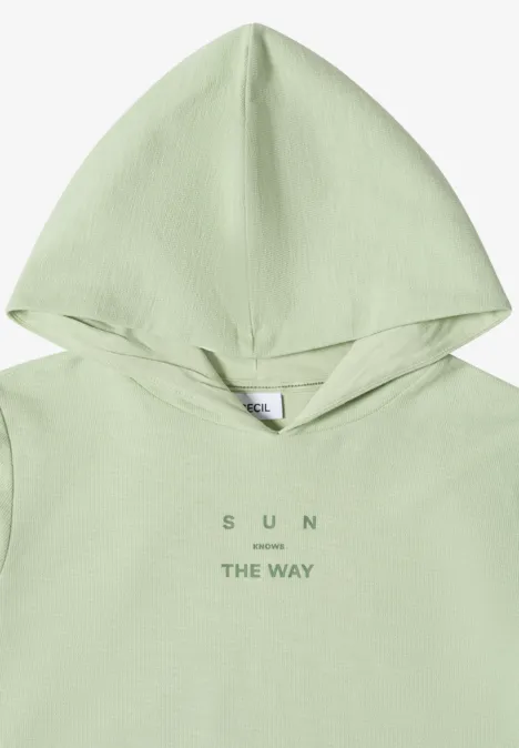 Kurzarm Shirt mit Kapuze und Wording raw matcha lime Hellgrüner Hoodie mit Kapuze und Aufdruck "SUN THE WAY".