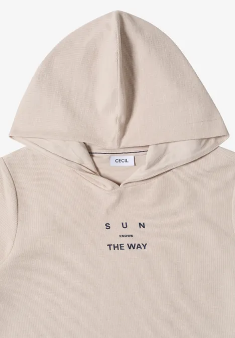 Kurzarm Shirt mit Kapuze und Wording cashmere beige Hellbeiger Kapuzenpullover mit minimalistischem schwarzen Schriftzug 'SUN THE WAY' vorne.