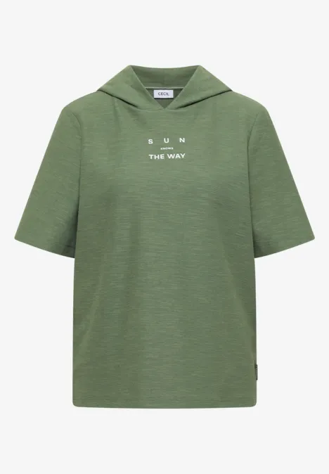 Kurzarm Shirt mit Kapuze und Wording deep matcha green Grünes Kapuzen-T-Shirt mit kurzen Ärmeln und weißem „TWN THE WAY“-Schriftzug.