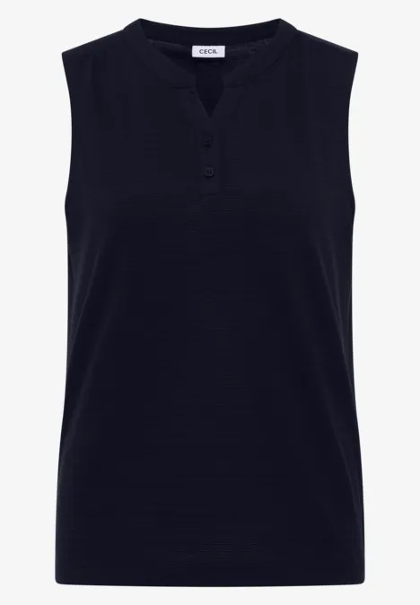 Ärmelloses, dunkelblaues T-Shirt mit kurzem Knopfverschluss am Rundhalsausschnitt.