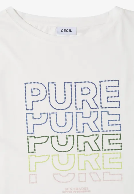 Weißes T-Shirt mit vierfach gestapeltem Schriftzug PURE in unterschiedlicher Linienfarbe.