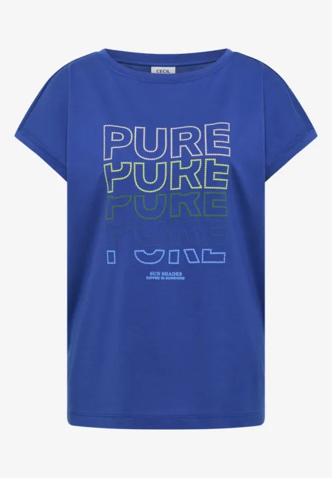 Blaues Damen-T-Shirt mit kurzen Ärmeln und weiß-grünem 'PURE PURE PURE'-Schriftzug auf der Front.
