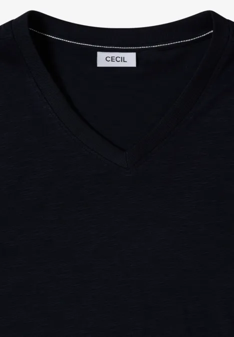 3/4-Arm Shirt in Unifarbe mit V-Neck urban dark blue Schwarzes Damen-T-Shirt mit V-Ausschnitt und Markenlabel "CECIL" am Nacken.
