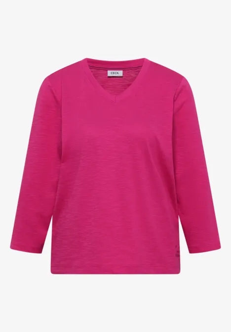 3/4-Arm Shirt in Unifarbe mit V-Neck pink flash Damen-Shirt in Pink mit V-Ausschnitt und 3/4-Ärmeln.