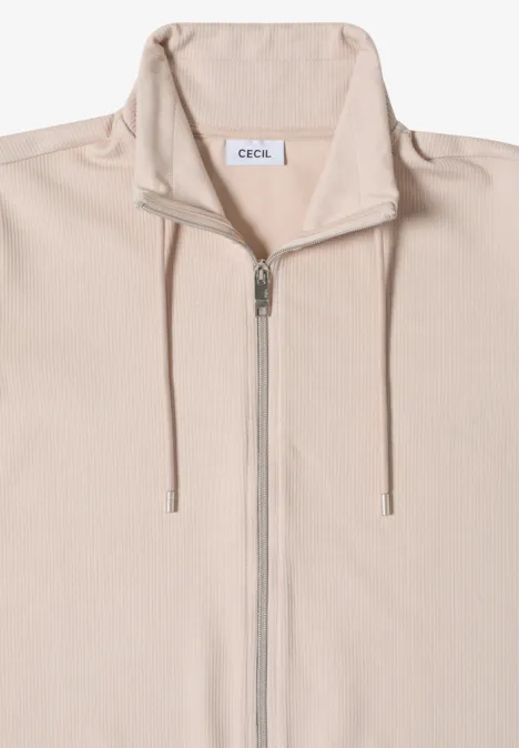 Beige Sweatjacke mit hohem Kragen, Reißverschluss und Kordeln
