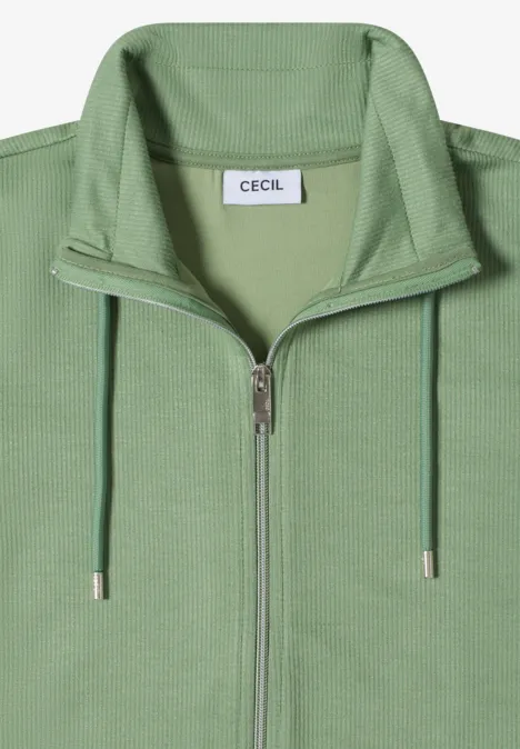 Helles mintgrünes Sweatjacke aus Rippstrick mit Reißverschluss, hohem Kragen und Kordelzug.