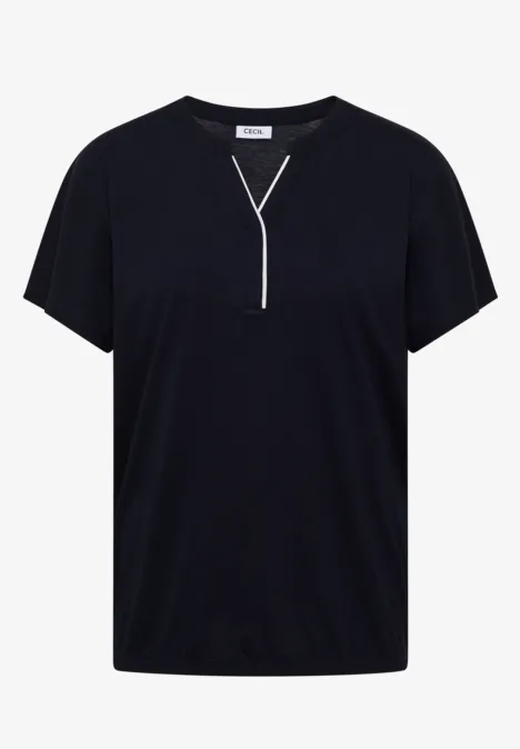 T-Shirt mit Split Neck in Unifarbe urban dark blue Schwarzes Kurzarm-Oberteil mit V-Ausschnitt und weißer Ziernaht, leger geschnitten.