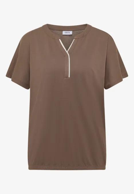 T-Shirt mit Split Neck in Unifarbe urban taupe Braunes Kurzarm-Shirt mit V-Ausschnitt und Frontreißverschluss
