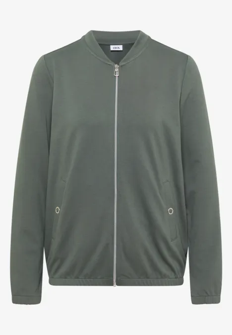 Langarm Jacke mit Rundhals und Zipper dried olive green Olivegrüne Bomberjacke mit durchgehendem Reißverschluss und Seitentaschen.