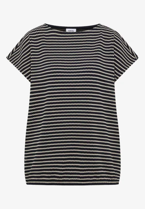 Dames T-shirt met korte mouwen in zwart-wit strepen, recht model.