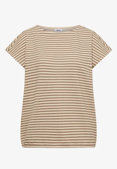Beige T-shirt met korte mouwen en witte, horizontale strepen.