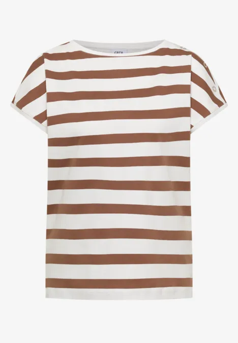 Bruin-wit gestreept T-shirt.