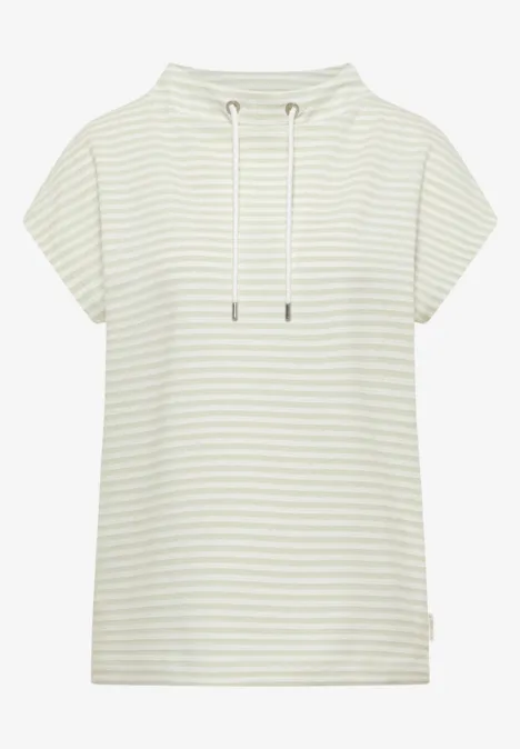 T-Shirt mit Funnel Neck und Streifen raw matcha lime Damen-Sweatshirt mit kurzen Ärmeln, Kapuze und weißen sowie pastellgrünen Streifen.