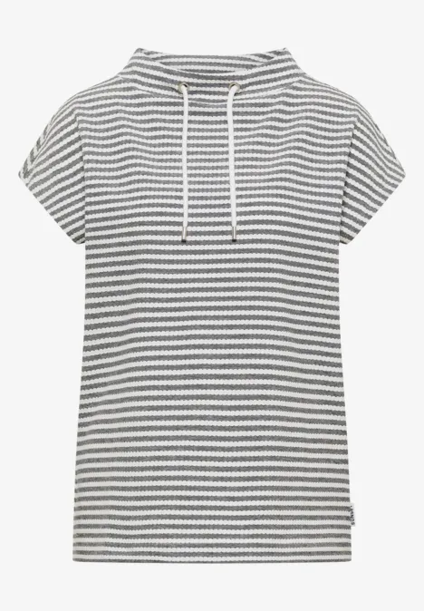 T-shirt à col cheminée et rayures urban dark blue Kurzärmliges Kapuzen-T-Shirt mit weißen und schwarzen Streifen, locker geschnitten und mit Kordelzug.