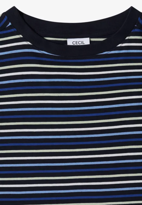 Czarny T-shirt z okrągłym dekoltem w białe i niebieskie paski z metką 'Cecil'.