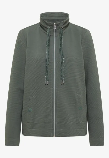 Langarm Jacke mit Ottoman Struktur dried olive green Dunkelgrüne Sweatjacke mit Stehkragen, Reißverschluss und Kordelzug am Kragen.