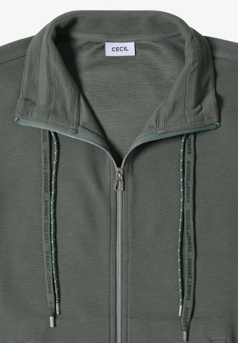 Langarm Jacke mit Ottoman Struktur dried olive green Grüner CECIL-Sweat mit Reißverschluss, Stehkragen und dekorativen Kordeln.
