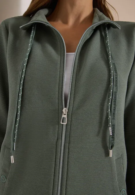 Langarm Jacke mit Ottoman Struktur dried olive green Blauer-grüner Fleece-Pullover mit Reißverschluss und Kordelzug, lässig und warm.