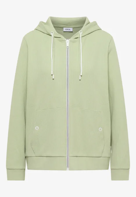 Langarm Jacke mit Kapuze und Struktur raw matcha lime Hellgrüner Kapuzenpullover mit Reißverschluss, Kängurutaschen und weißen Kordeln