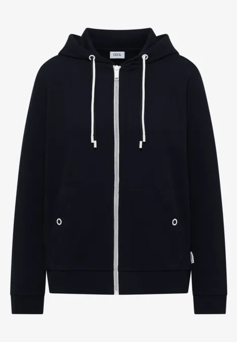 Langarm Jacke mit Kapuze und Struktur urban dark blue Schwarzer Kapuzenpullover mit Reißverschluss, langen Ärmeln und weißen Kordeln, lässiger Style.