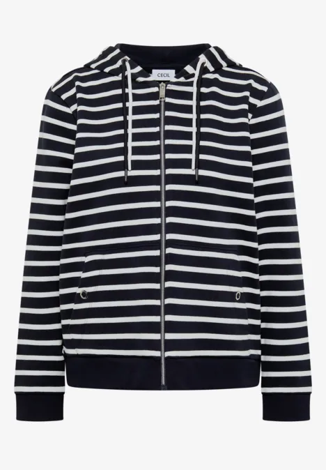 Marineblauer Kapuzenpullover mit weißen Querstreifen, durchgehendem Reißverschluss, Kordeln und Taschen.