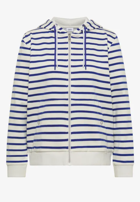 Weißer Hoodie mit blauen Querstreifen, Reißverschluss und Kordelzug an der Kapuze.