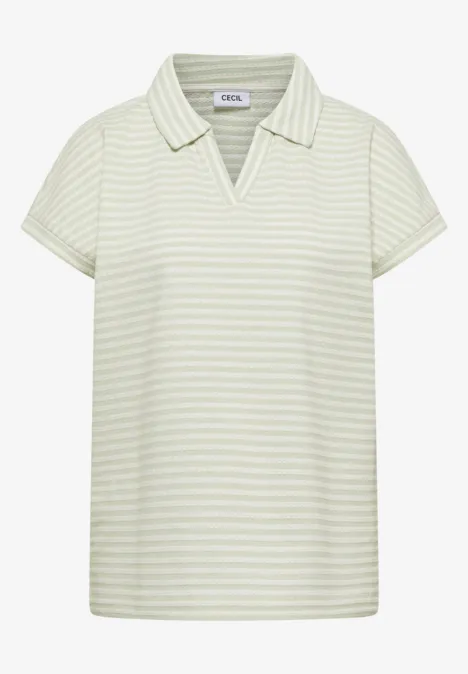 Kurzarm Poloshirt mit Streifenstruktur raw matcha lime Weiß-grau gestreiftes Poloshirt mit kurzem Ärmel und V-Ausschnitt, lockerer Passform.