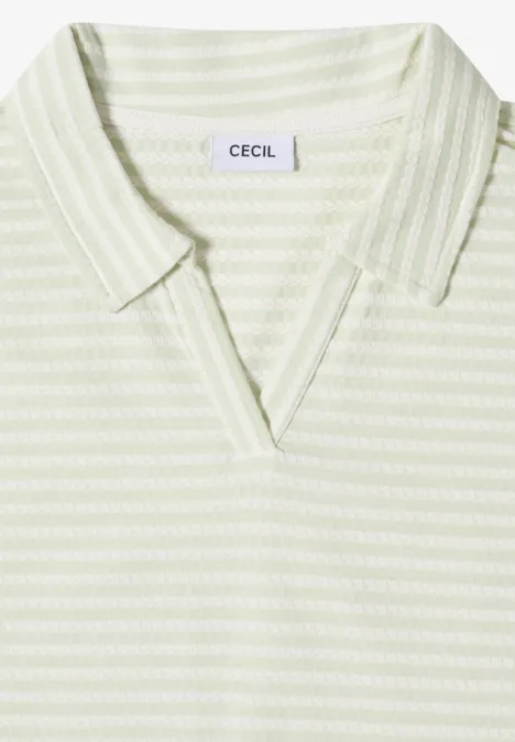Kurzarm Poloshirt mit Streifenstruktur raw matcha lime Hellgrünes Poloshirt mit weißen Streifen, V-Kragen und 'CECIL'-Label.