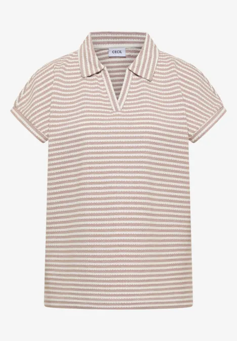 Kurzarm Poloshirt mit Streifenstruktur creamy mocha Gestreiftes kurzärmeliges Poloshirt in Beige und Weiß mit V-Ausschnitt.