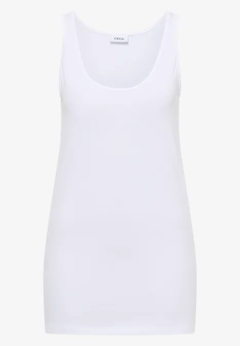 Haut long à col rond, de couleur unie White Weißes ärmelloses Tanktop aus glattem Stoff.