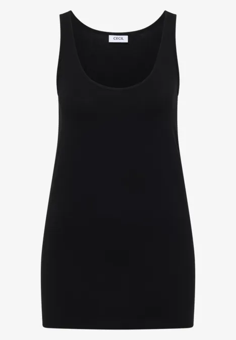 Ein schlichtes schwarzes Damen-Tanktop mit breiten Trägern und rundem Ausschnitt.