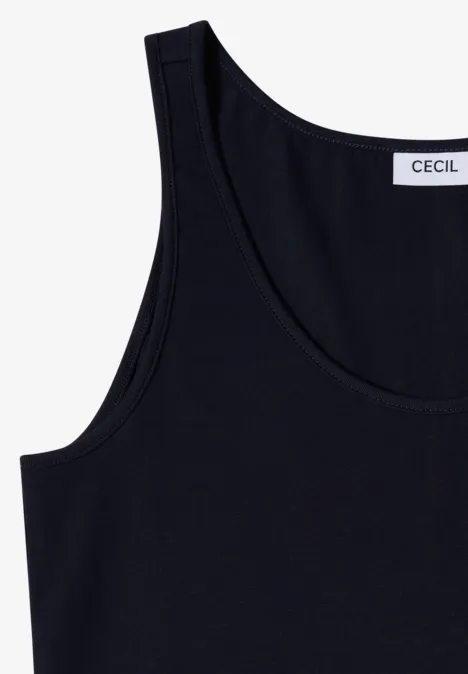 Schwarzes ärmelloses Tanktop mit Rundhalsausschnitt und Label am Nacken.