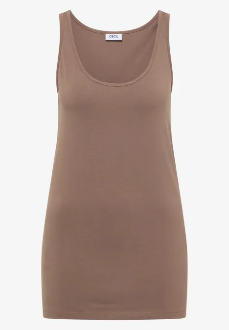 Haut long à col rond, de couleur unie cocoa taupe Schlichtes braunes ärmelloses Damenshirt mit Rundhalsausschnitt