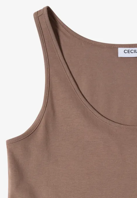 Haut long à col rond, de couleur unie cocoa taupe Braunes ärmelloses Top mit rundem Ausschnitt.