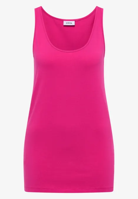 Haut long à col rond, de couleur unie pink flash Ein schlichtes ärmelloses Top in leuchtendem Pink.