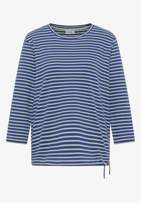 Niebiesko-biały pasiasty longsleeve z okrągłym dekoltem i troczkiem po boku.