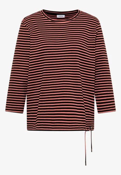 Langärmeliges Shirt mit roten und schwarzen Streifen und seitlicher Kordel am Saum.