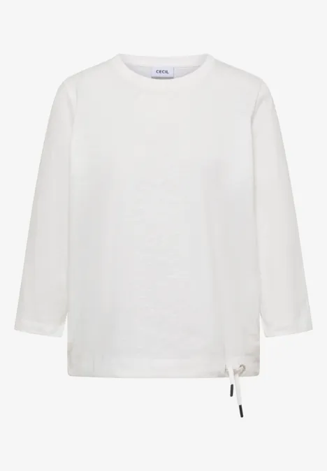 Weißes Langarmshirt mit Rundhalsausschnitt und verstellbarem Tunnelzug am Saum.