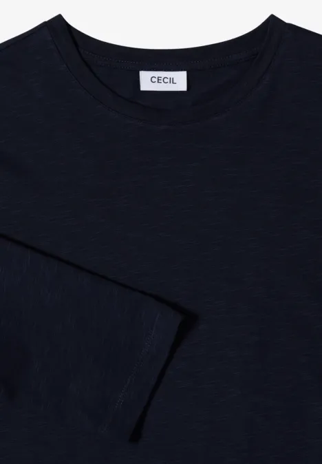 Dunkelblaues Langarmshirt mit Rundhalsausschnitt und 'CECIL'-Label am Nacken