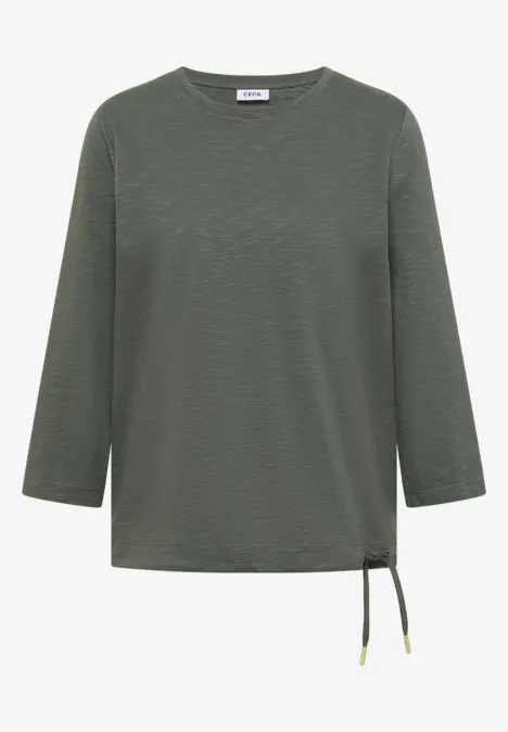 Dunkelgrünes, leichtes Langarmshirt mit Rundhalsausschnitt und seitlicher Kordel am Saum.