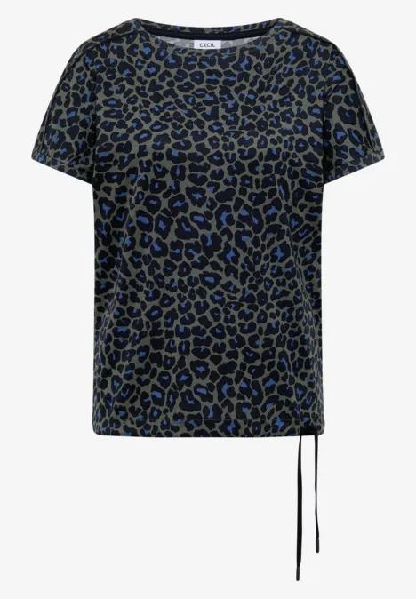 Kurzärmeliges Shirt in Schwarz mit blauem Leopardenmuster und seitlichem Tunnelzug