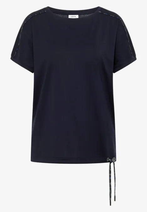 Dames T-shirt marineblauw met ronde hals, korte mouwen en zijdige koordsluiting.
