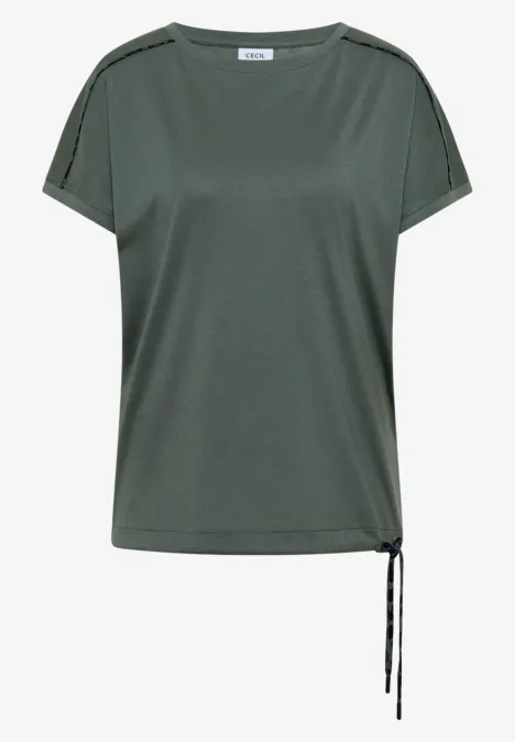 Casual olijfgroene T-shirt met korte mouwen, ronde hals en zijkantkoordje om aan te trekken.