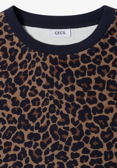 T-Shirt mit Rundhals und Leo-Muster creamy mocha Brauner Pullover mit Leopardenmuster und rundem Halsausschnitt