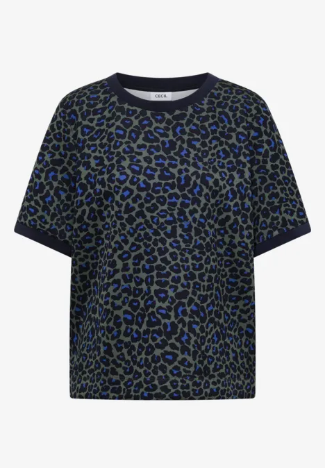T-Shirt mit Rundhals und Leo-Muster dried olive green Lockeres T-Shirt mit rundem Ausschnitt und blau-schwarzem Leopardenmuster