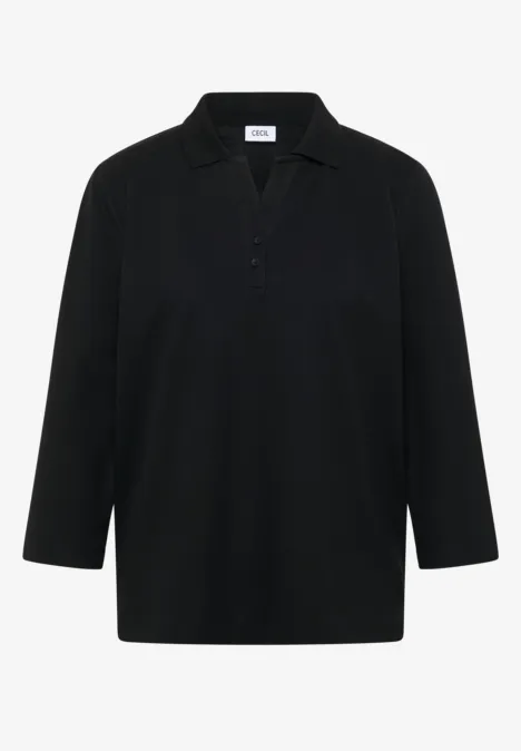 Schwarzes Langarm-Poloshirt mit klassischem Kragen und verdeckter Knopfleiste.